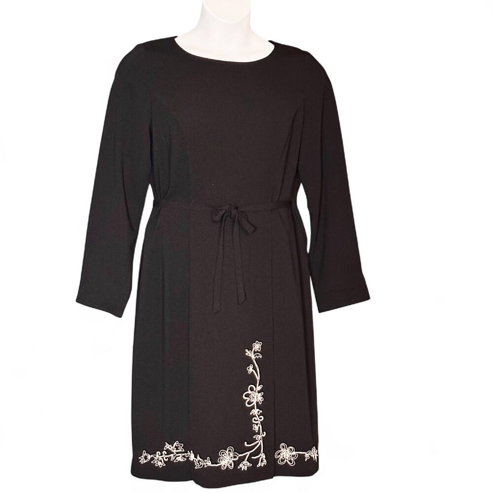 Vintage AGB Black Cocktail Dress Size 12 Floral Embroidered Midi Sheath Tie Belt